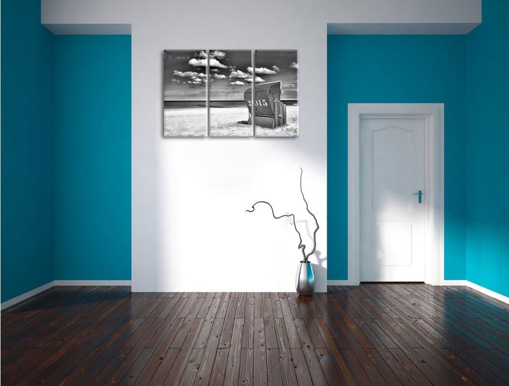Pixxprint Monocrome, Roter Strandkorb an der Nordsee 3-Teiler Leinwandbild 120x80 Bild auf Leinwand