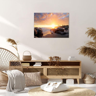 Bilder auf Leinwand Meer Strand Felsen Leinwandbild mit Rahmen 70x50cm Wandbilder Dekoration Wohnzim