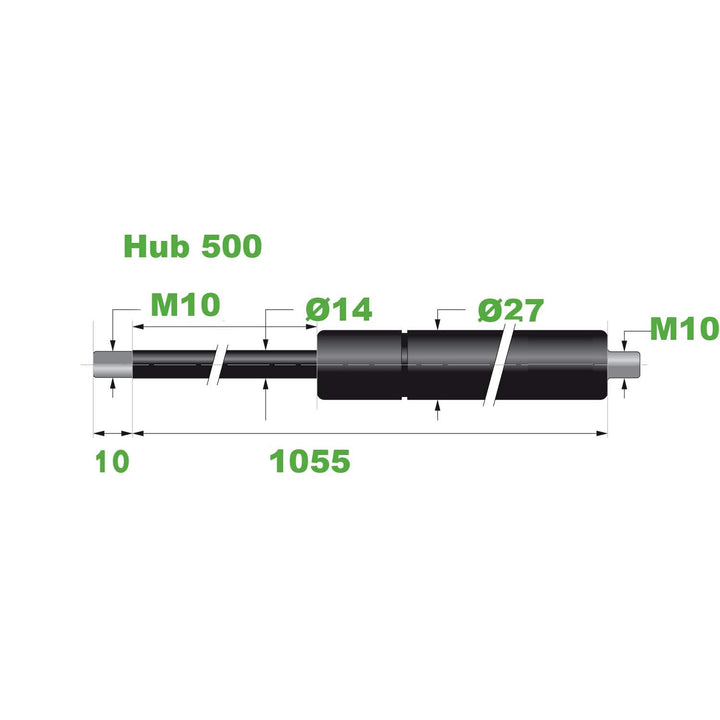 Gasdruckfeder Ø 14/27 M10 Hub=500 L=1055 mm 2000N(0105)
