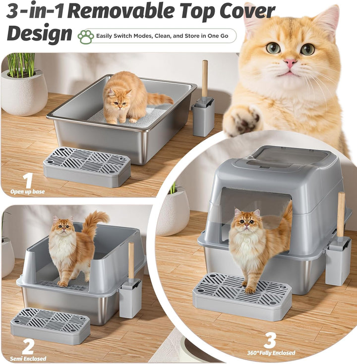 XXL Edelstahl Katzenklo mit Deckel, 110° Flip-Cover Design Geschlossen Katzentoilette aus Edelstahl,