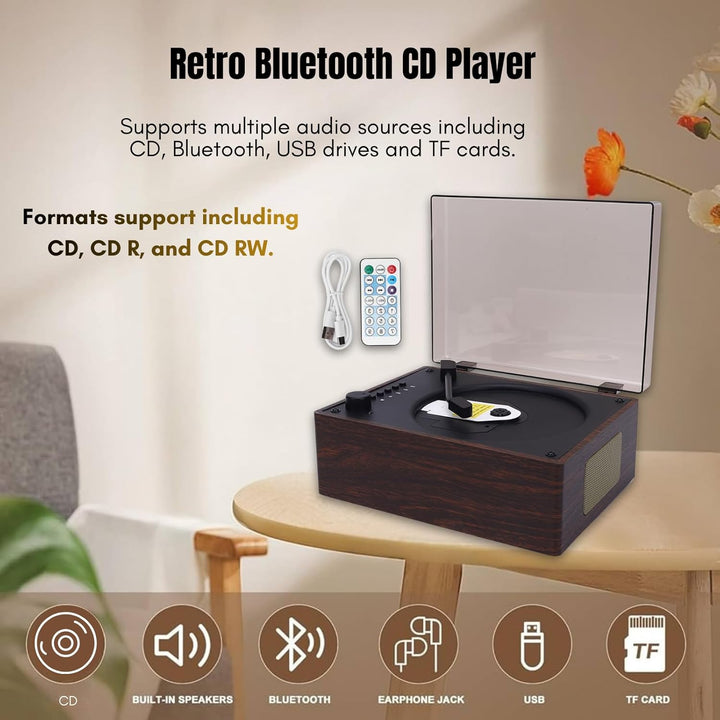 Tragbarer Bluetooth CD Player mit Fernbedienung Retro HiFi-Sound-Lautsprecher Unterstützt CD AUX USB