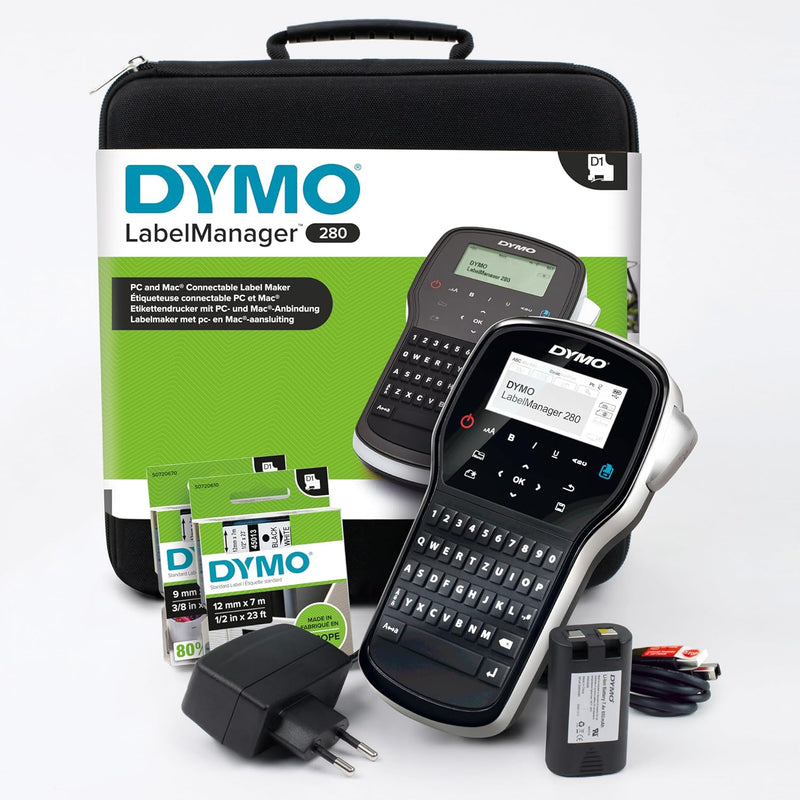 DYMO LabelManager 280 Wiederaufladbares Handheld-Etikettendrucker-Set, QWERTY-Tastatur, mit 2 Rollen