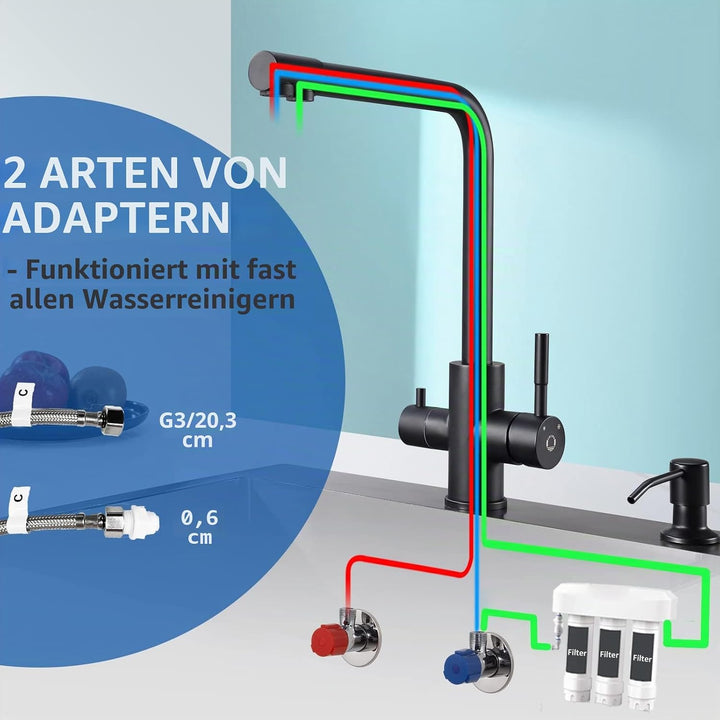 CECIPA 3 Wege Wasserhahn Küche, Küchenarmatur 360° Schwenkbar, Mischbatterie Küche für Osmoseanlage,