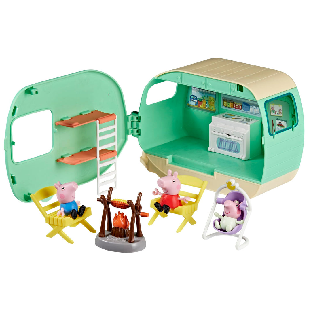 Peppa Pig Wohnwagen der DREI Wutz-Geschwister Spielset mit 3 Figuren, darunter Baby Evie, Vorschulsp