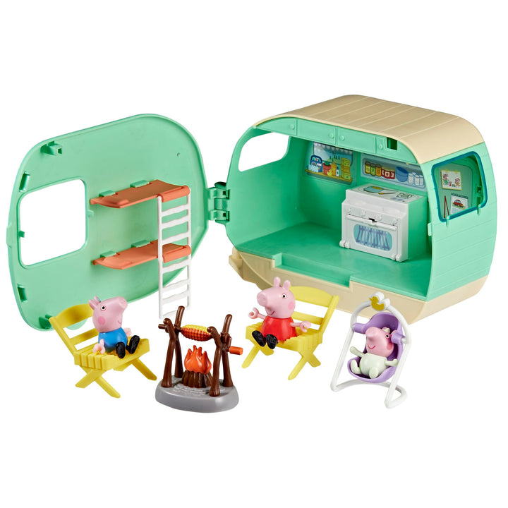 Peppa Pig Wohnwagen der DREI Wutz-Geschwister Spielset mit 3 Figuren, darunter Baby Evie, Vorschulsp