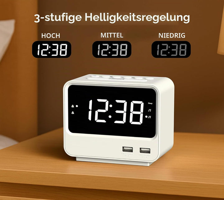 iTOMA Radioweckerfür Schlafzimmer mit Zwei USB-Ladeanschlüssen, grossen Zahlen mit Einstellbarer Hel