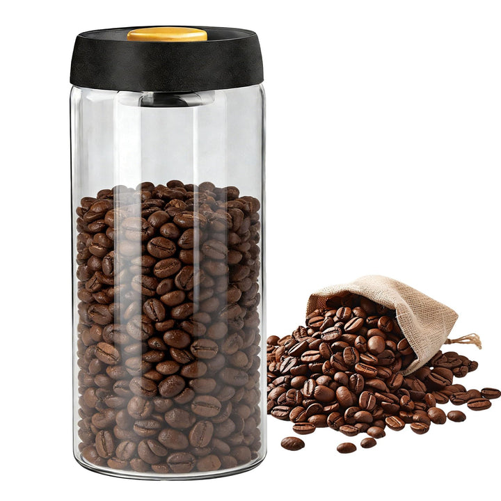 Vakuum-Kaffeedose 1800 ml, Kaffeedose Luftdicht aus Glas, Kaffeebohnenbehalter mit Vakuum Deckel, Au