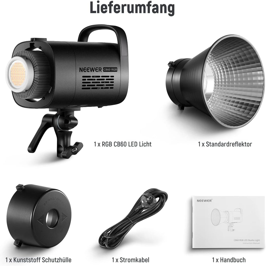 NEEWER CB60 RGB 70W LED Videoleuchte Studiolicht Bowens Halterung COB Vollfarbe 18000 Lux@1m CCT 270