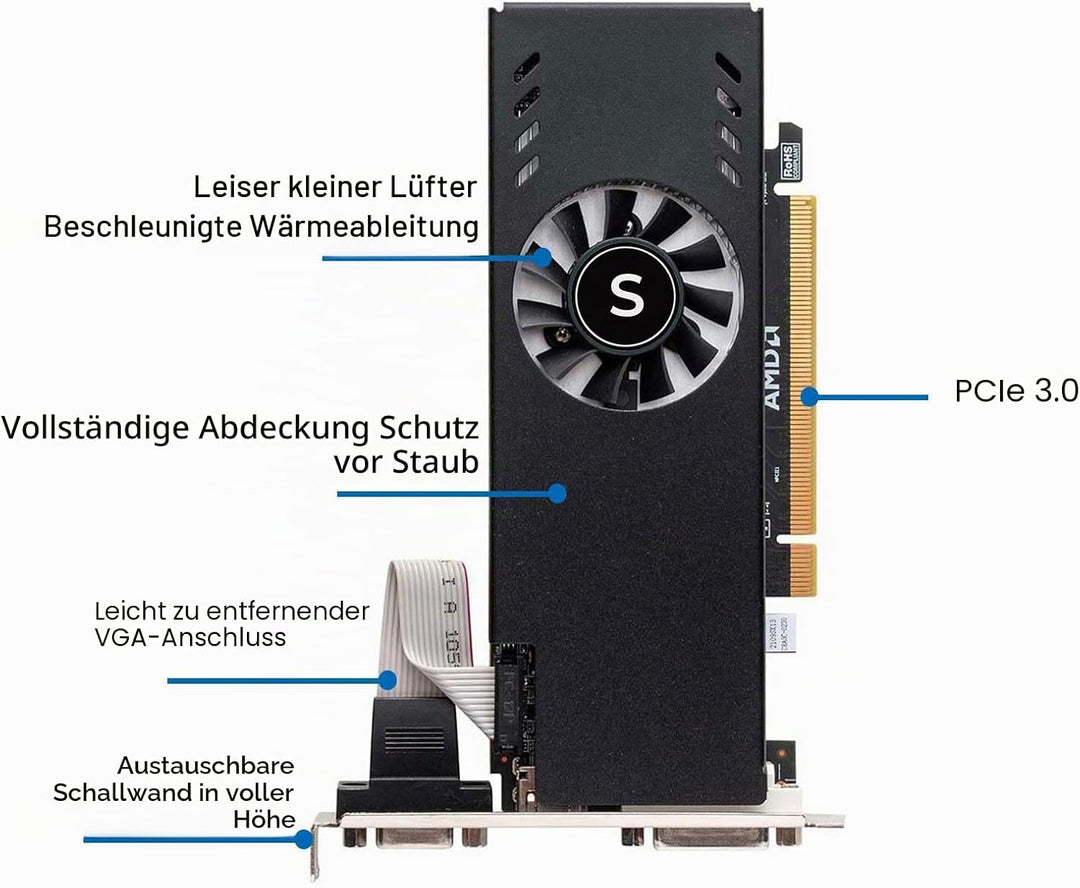 SAPLOS Radeon RX 550 Low Profile Grafikkarte, 4GB GDDR5 128-bit, VGA DVI-D HDMI, 4K Anzeige, PC Vide