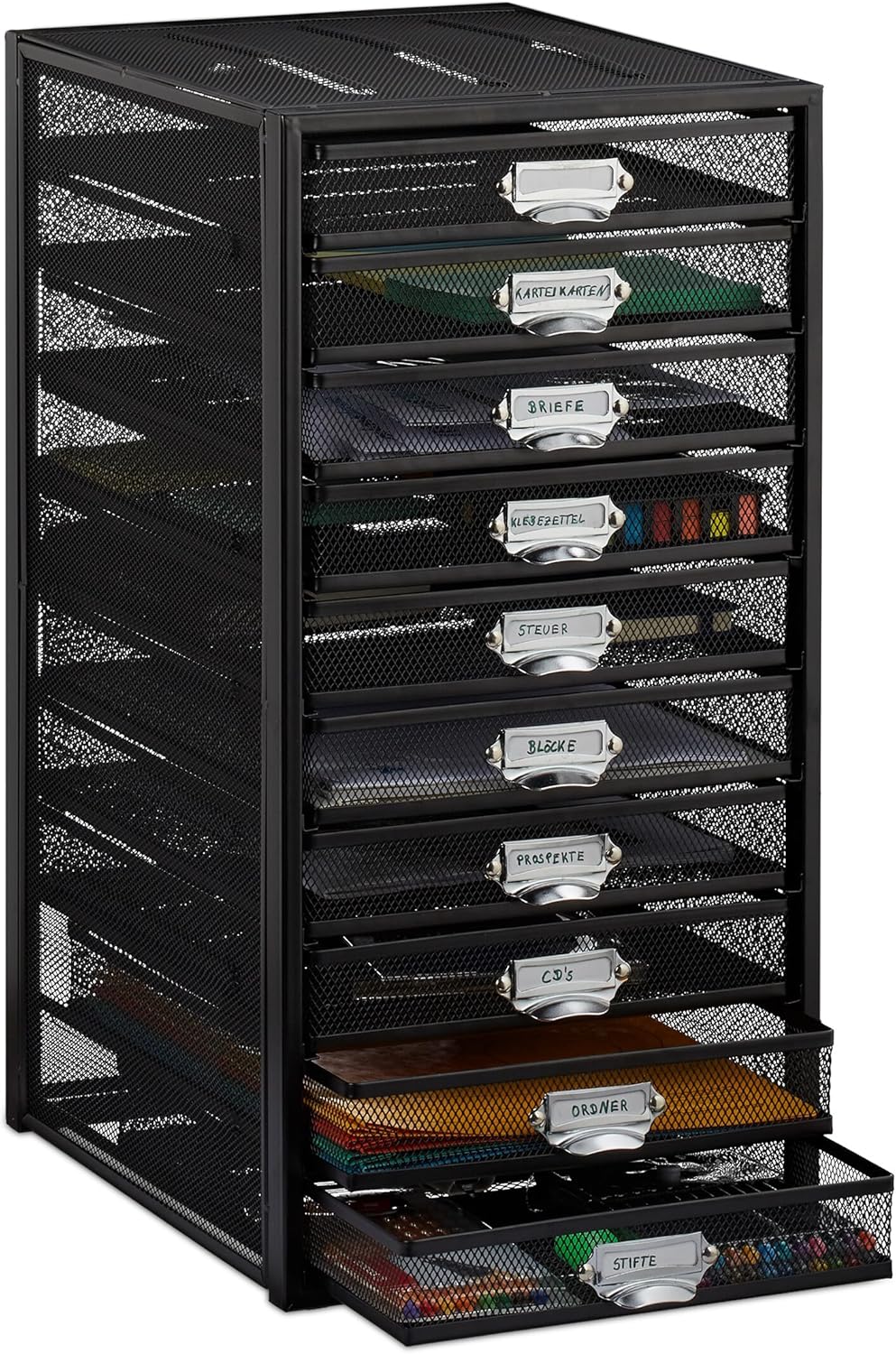 Relaxdays, schwarz Schubladenbox, 10 Schubfächer, für Din A4 Dokumente, Ordnungssystem für Schreibti