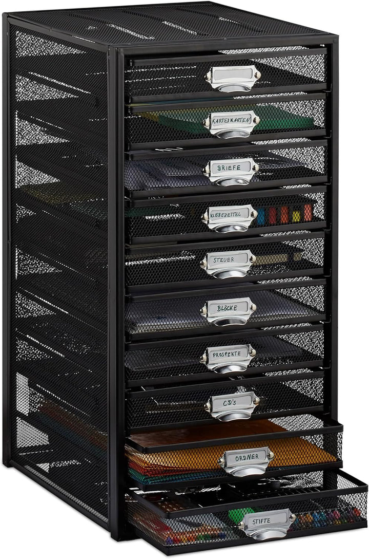 Relaxdays, schwarz Schubladenbox, 10 Schubfächer, für Din A4 Dokumente, Ordnungssystem für Schreibti