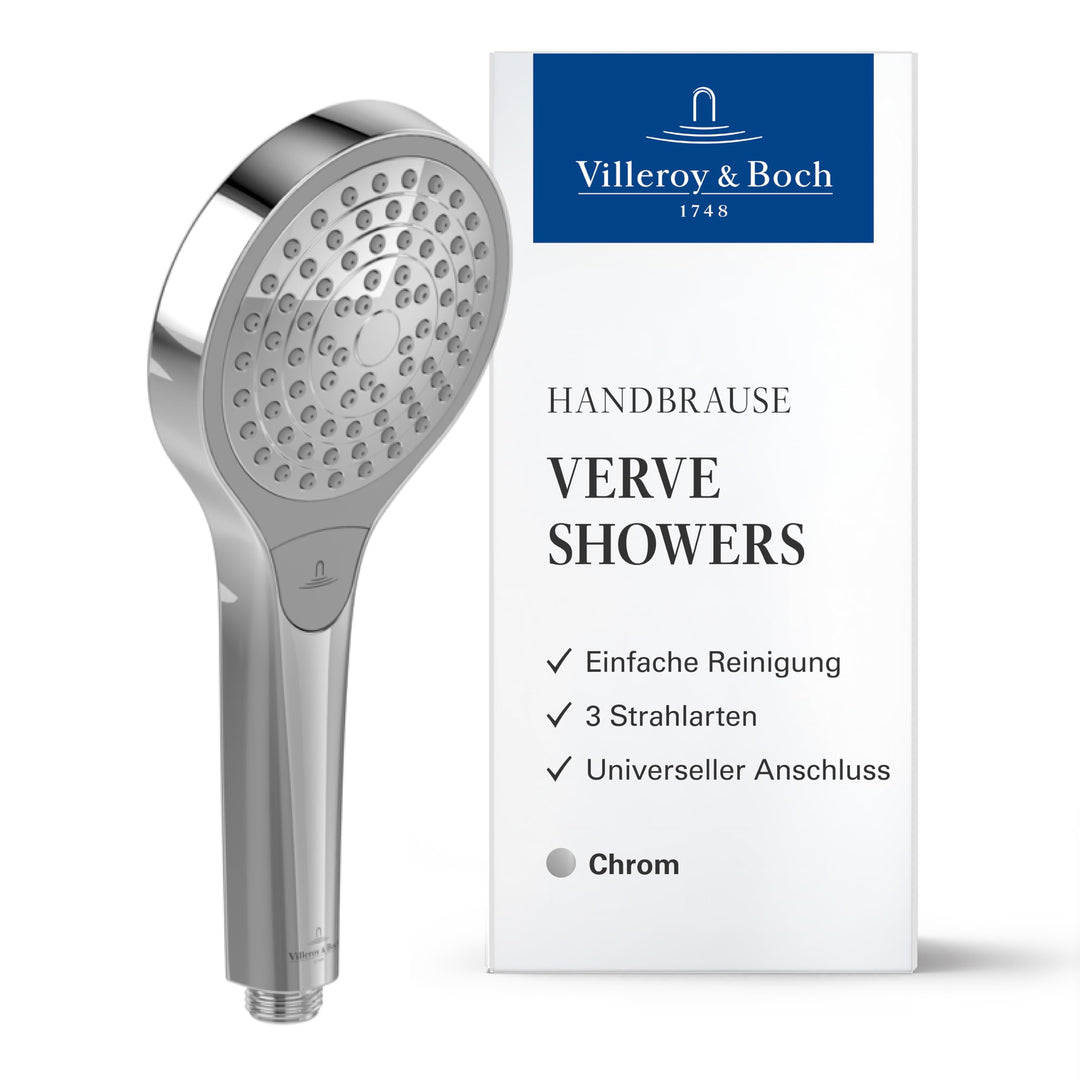 Villeroy & Boch Verve Showers Duschkopf, Handbrause mit 3 Strahlarten auf Knopfdruck wechselbar, Eas