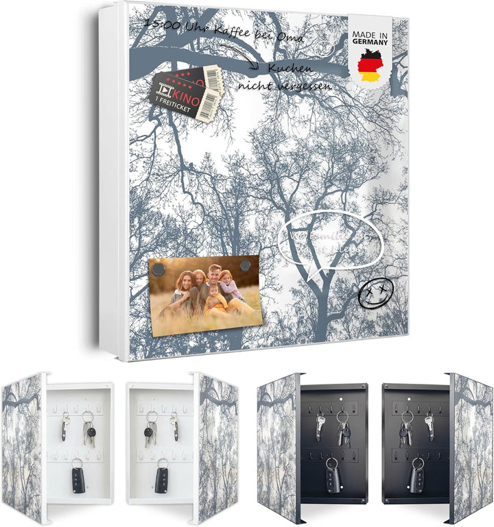 banjado® Grosser Schlüsselkasten Glas/Schlüsselbox 30cm x 30cm mit 50 Haken - Motiv Zwischen Bäumen