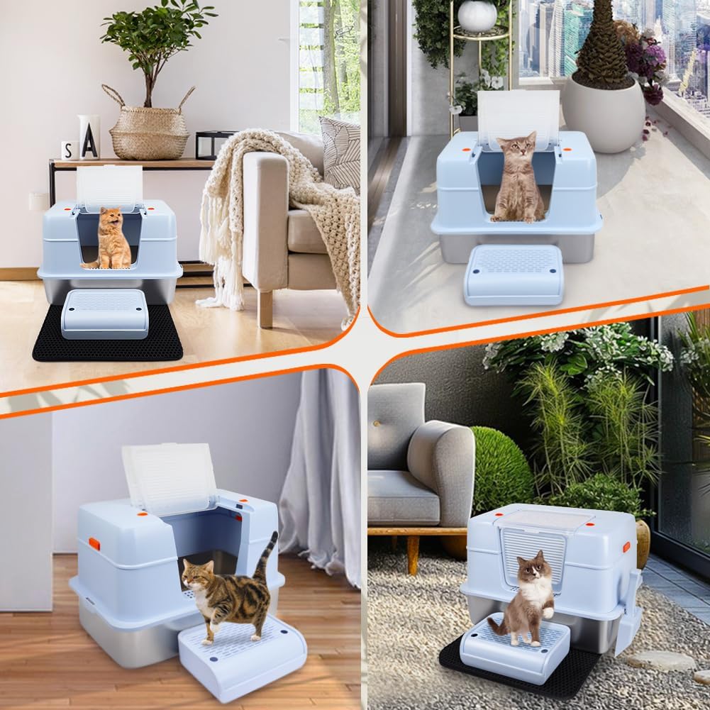 Vivifying Katzenklo Edelstahl mit Deckel, XL Leicht zu Reinigen und Geruchsresistent Katzentoilette