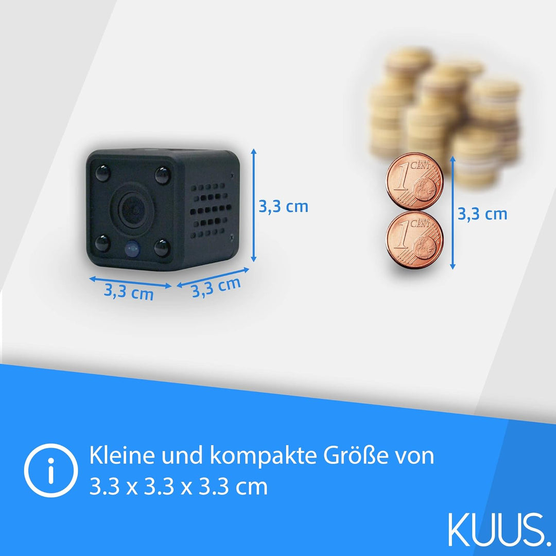 KUUS C2 Mini Kamera mit Bewegungsmelder: kompakte und mini Überwachungskamera innen, mini Kamera liv