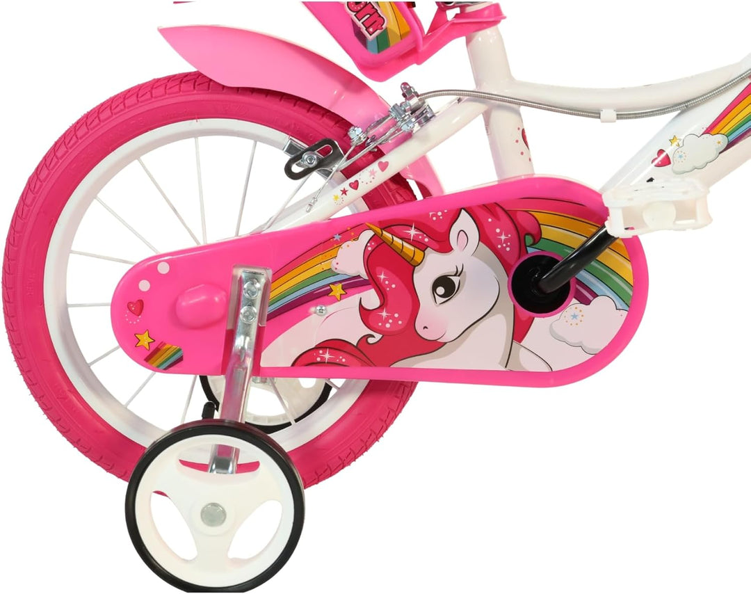 Dino Bikes 164R-UN Kinderfahrrad Einhorn, 16 Zoll Fahrrad mit Stützrädern, Schutzblech, Kettenschutz