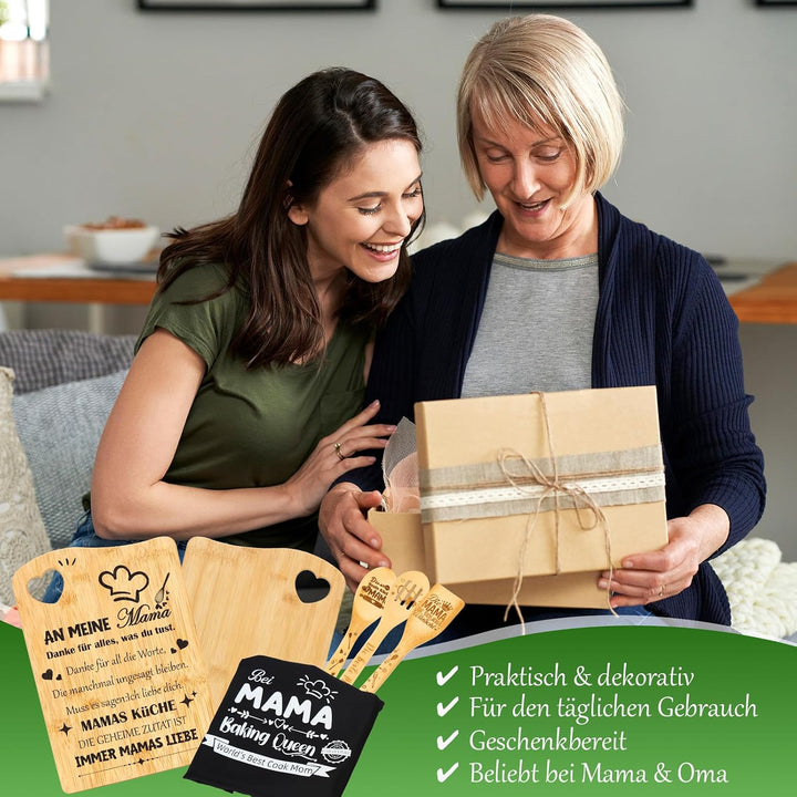 Geschenk für Mama Set, Muttertagsgeschenke Bambus-Holzbrett Personalisierte Schneidebrett mit Schürz