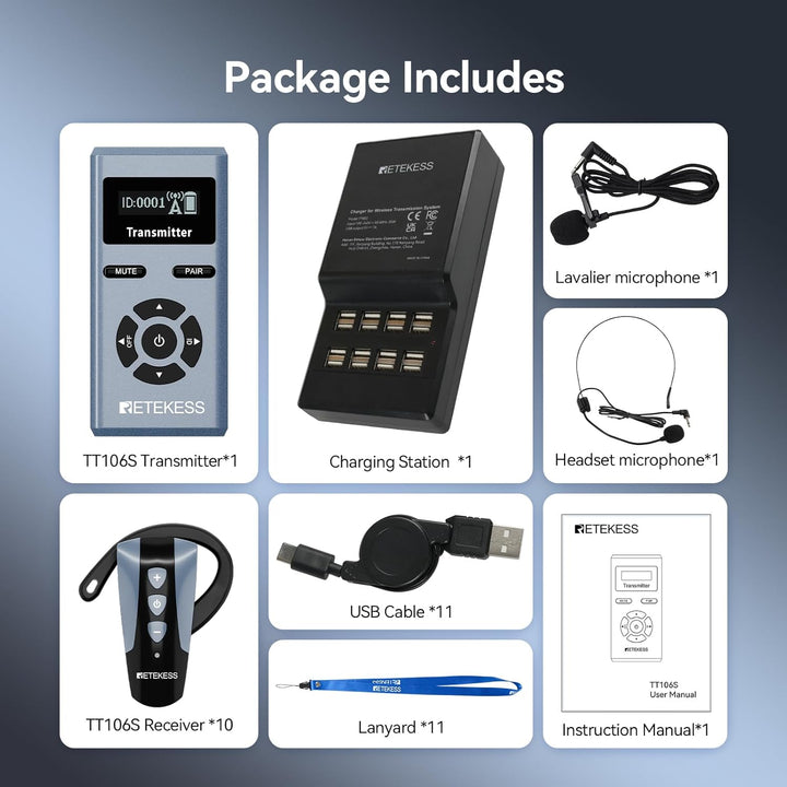 Retekess TT106S Drahtloses Tourguide-System, Tourguide-System mit Ear Hook, 2.4GHz, One-Touch-Bedien