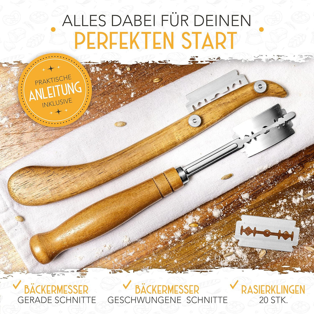 KRUSTENZAUBER Bäckerleinen und Bäckermesser Set - 2x Leinentuch 75x45cm + 2x Teigmesser - Brot Backe