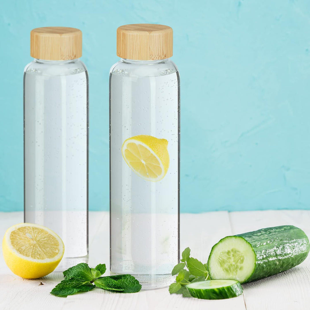 Relaxdays Trinkflasche mit Bambusdeckel, 6er Set, 500 ml, Wasserflasche mit Hülle, Borosilikatglas,