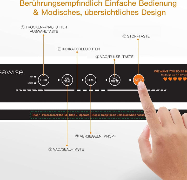 Megawise Vakuumiergerät mit 80 kPa, One-Touch-Automatischer Lebensmittelretter mit trockenen und feu