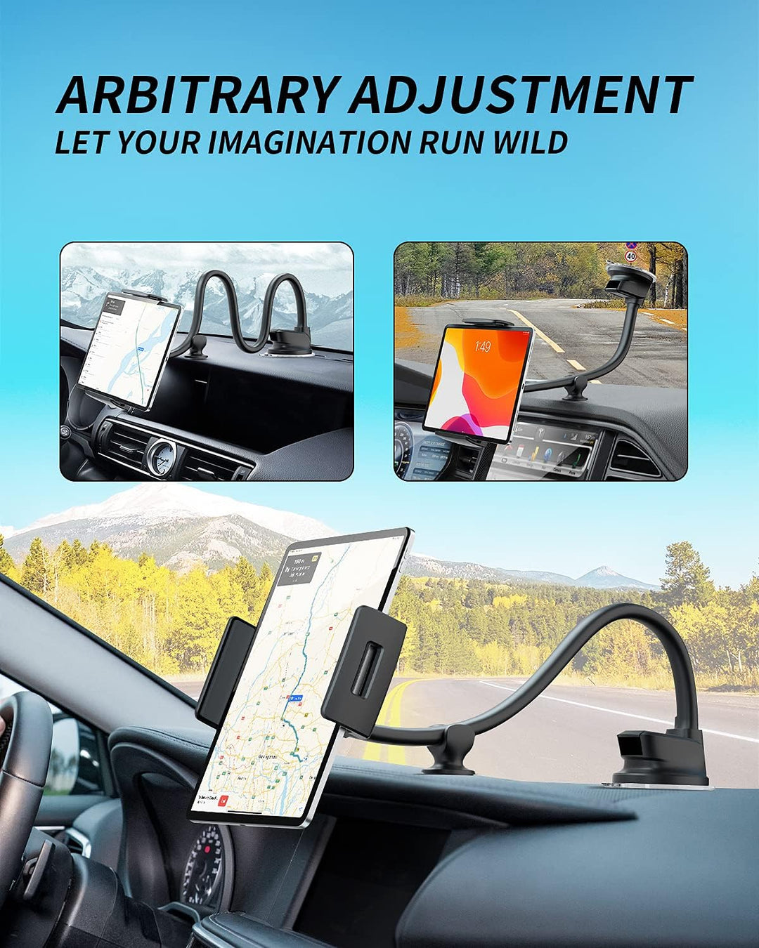ICARMOUNT Tablet Halterung Auto mit Saugnapf, iPad Halterung 7–12,4 Zoll | Flexibler 13"-Schwanenhal