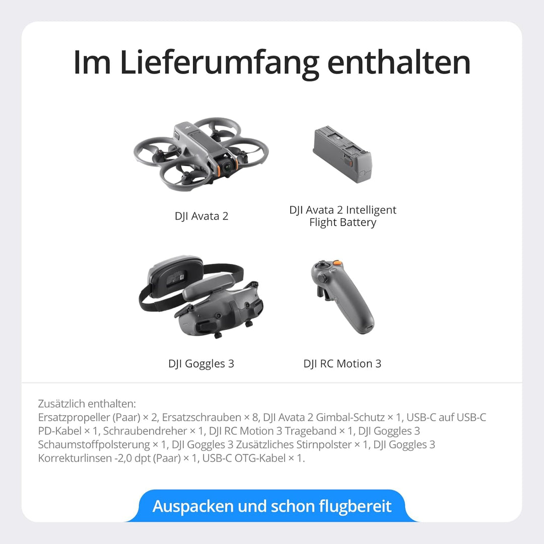 DJI Avata 2 Fly More Combo (1 Akku), FPV-Drohne mit 4K-Kamera, mit Propellerschutz, Flips/Rollen auf
