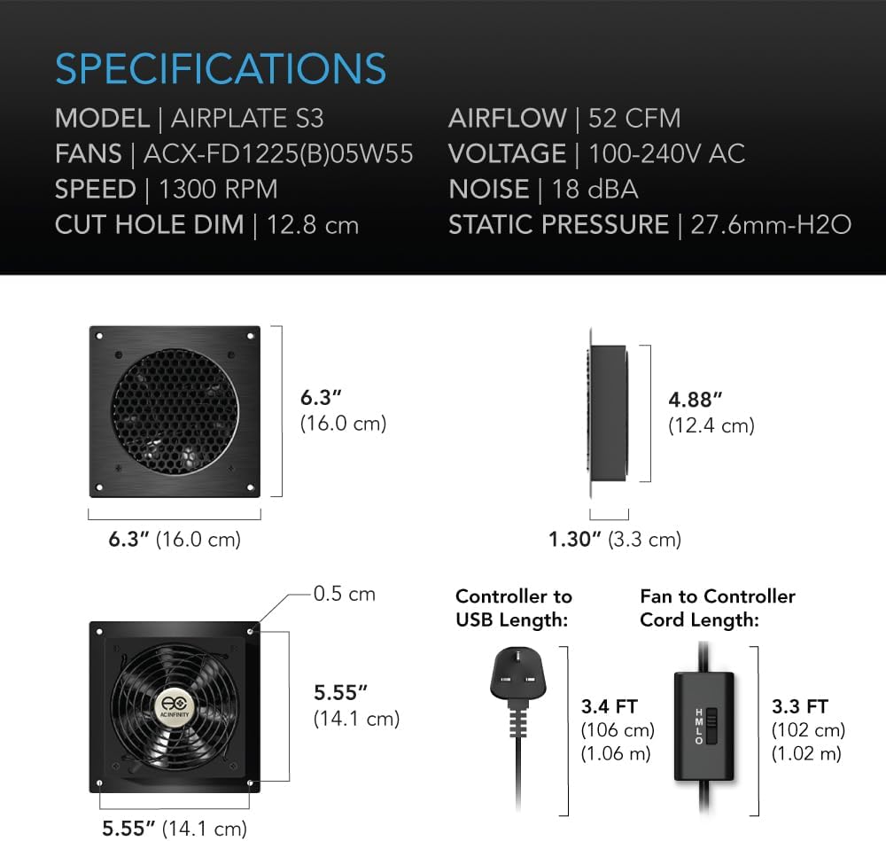 AC Infinity AIRPLATE S3, leises Kühllüftersystem 6" (16 cm) mit Geschwindigkeitssteuerung, für Heimk