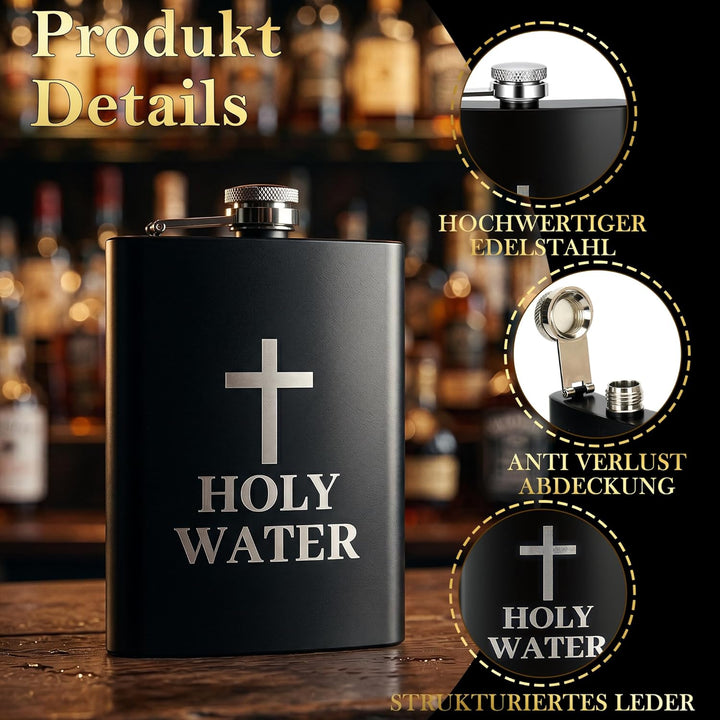Flachmann mit Gravur "Holy Water" 8oz Edelstahl Geschenkset für Männer, Lustiger Whiskey Flachmann S