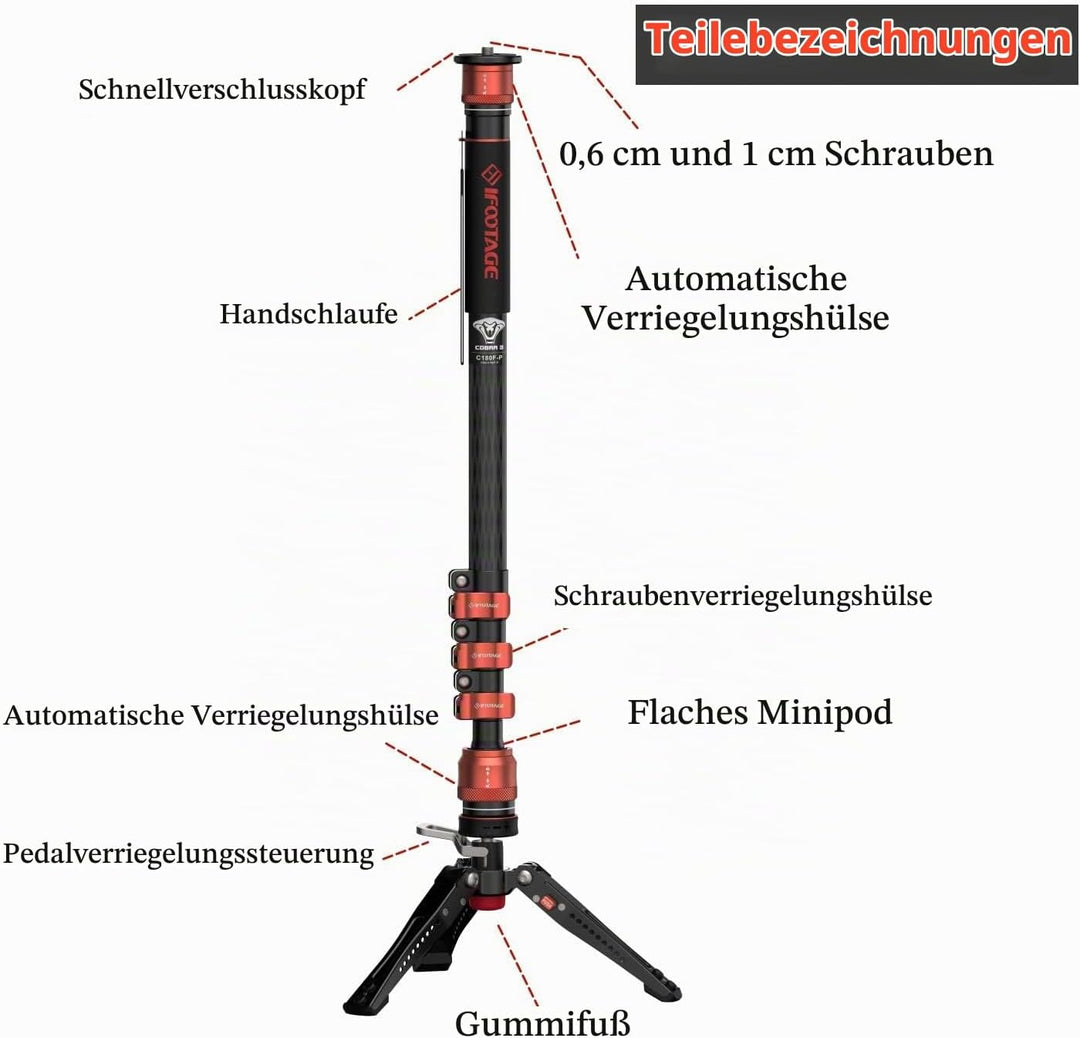 IFOOTAGE Cobra 3 C180F-P Kamera-Einbeinstativ aus Kohlefaser,Teleskop-Video-Einbeinstativ,Innovative