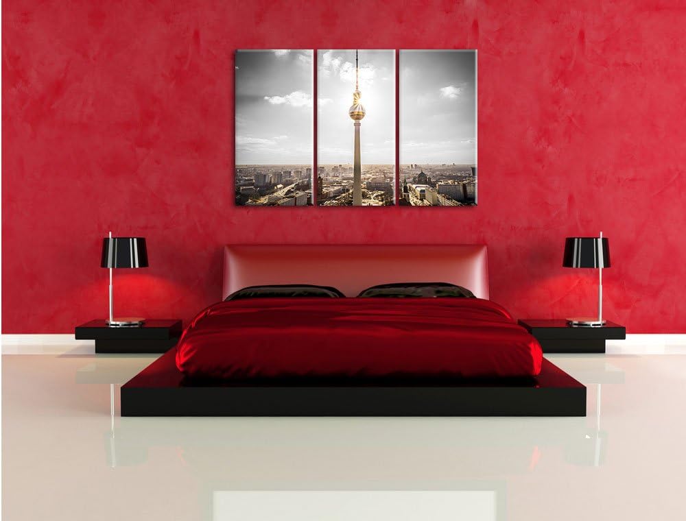 Pixxprint Berliner Fernsehturm am späten Nachmittag schwarz/weiss 3-Teiler Leinwandbild 120x80 Bild
