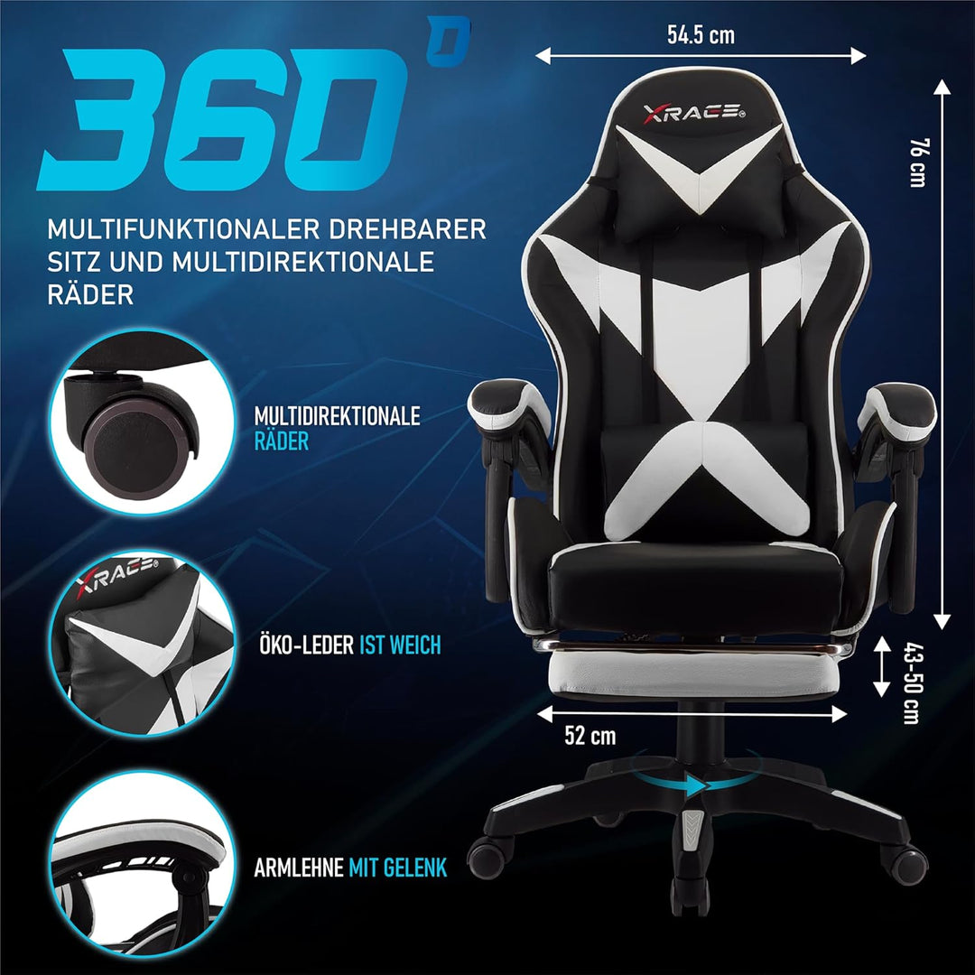 xRace Gaming-Stuhl Hoher Drehstuhl aus Leder mit Lendenwirbelstütze, Kopfstütze und Fussstütze, vers