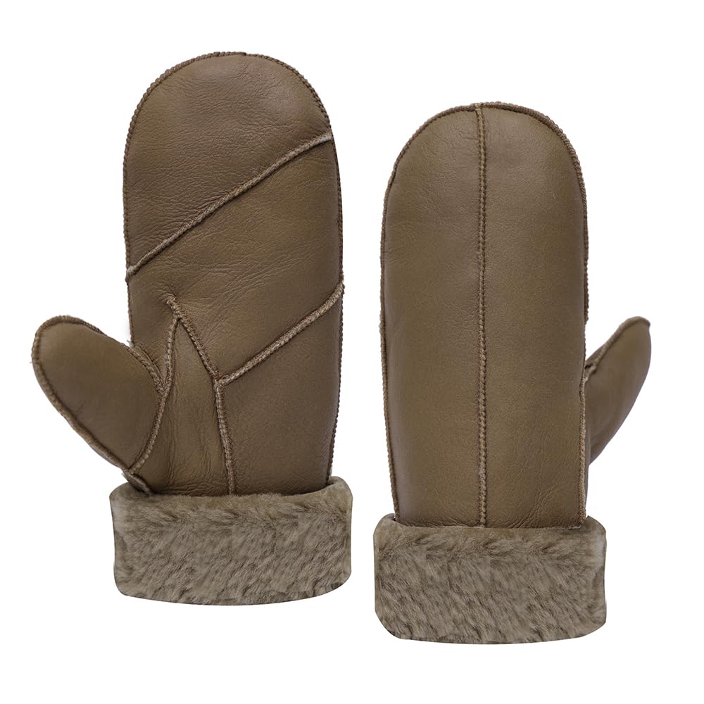 MGGMOKAY Damen Lammfell Shearling Fäustlinge Warme Winter Lederhandschuhe XXL Hellbraun, XXL Hellbra