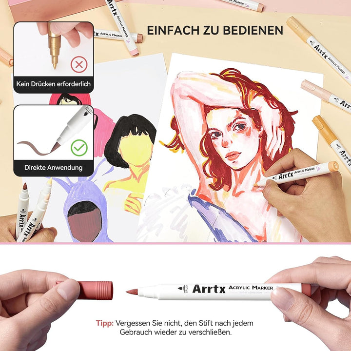 Arrtx Acrylstifte für Steine Bemalen, 30 Hautfarben Acrylstifte Marker, Malstifte für Künstler und E