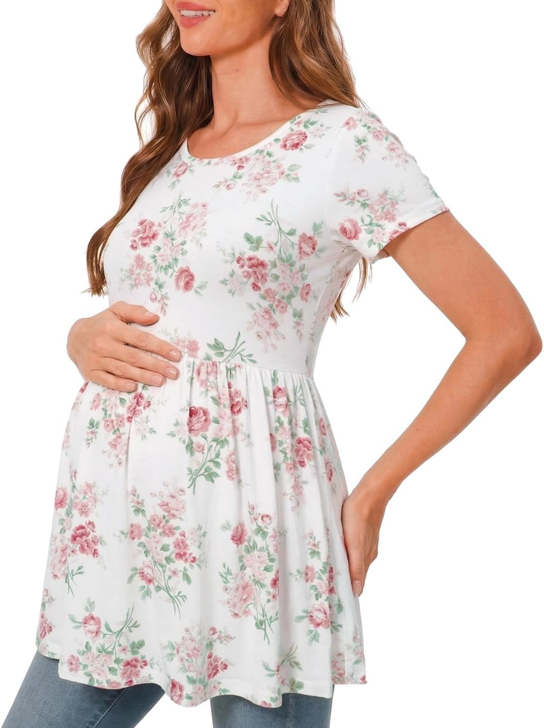 Bearsland Maternity Tops Short Sleeve Scoop Neck Breastfeeding T-Shirt Pregnancy Clothes S Gray Gree