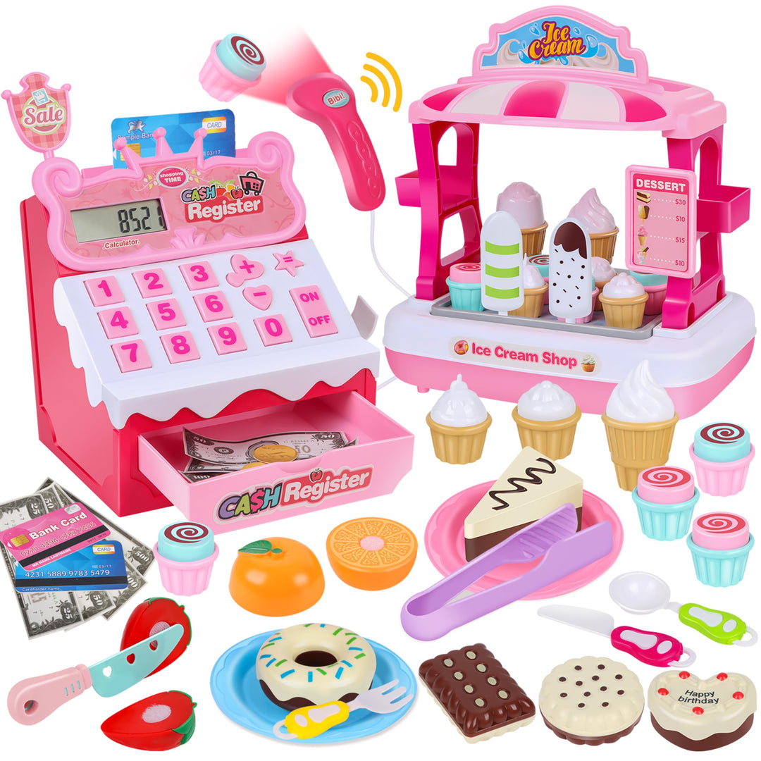 Charmofun Kasse Spielzeug mit Eisdiele für Kinder - inkl. 48 Zubehör (15 Eiscreme, 5 Kuchen, 7 Beste