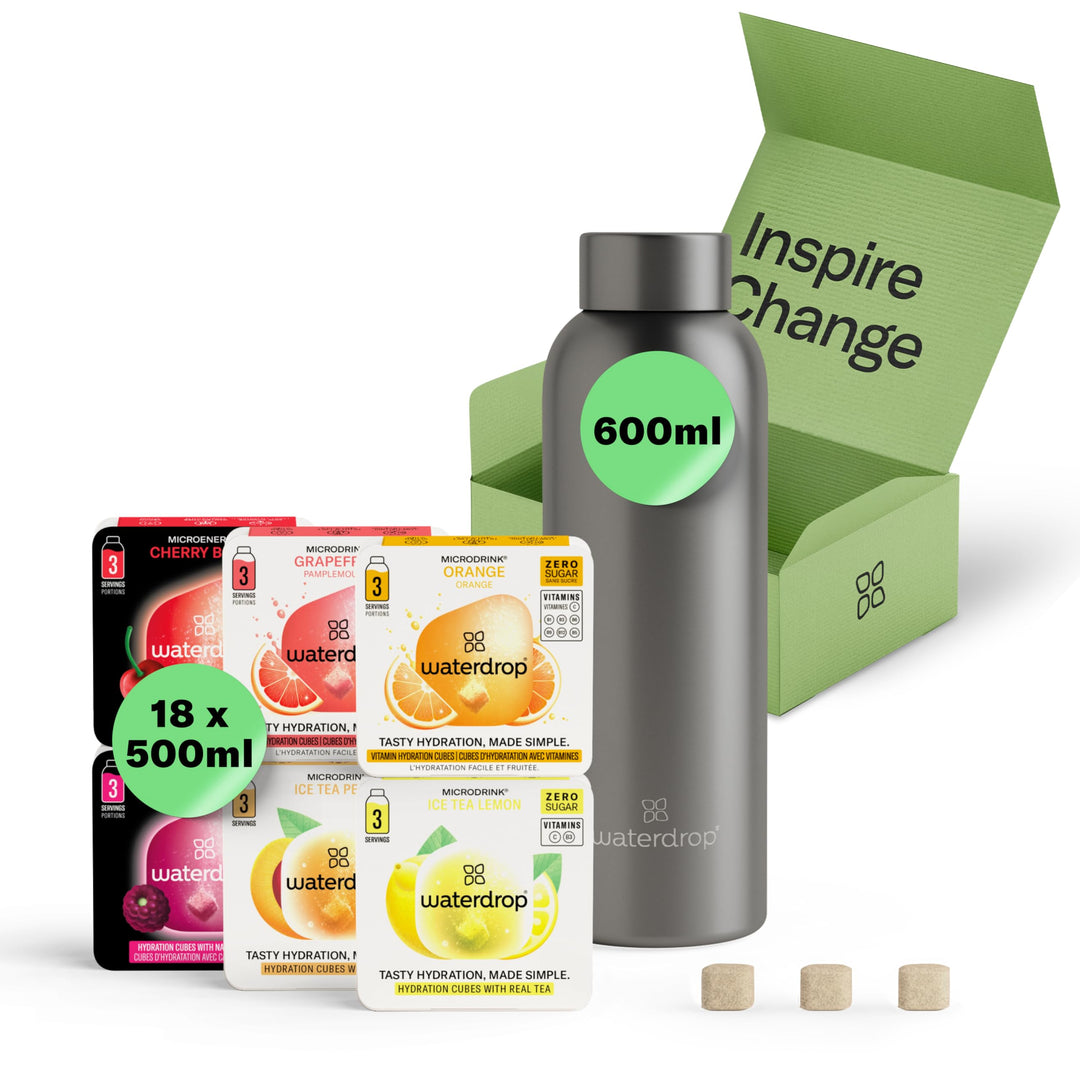 waterdrop® Starter Set - 600ml Trinkflasche mit Geschmack inkl. 18 zuckerfreie Drops - Geschenk für