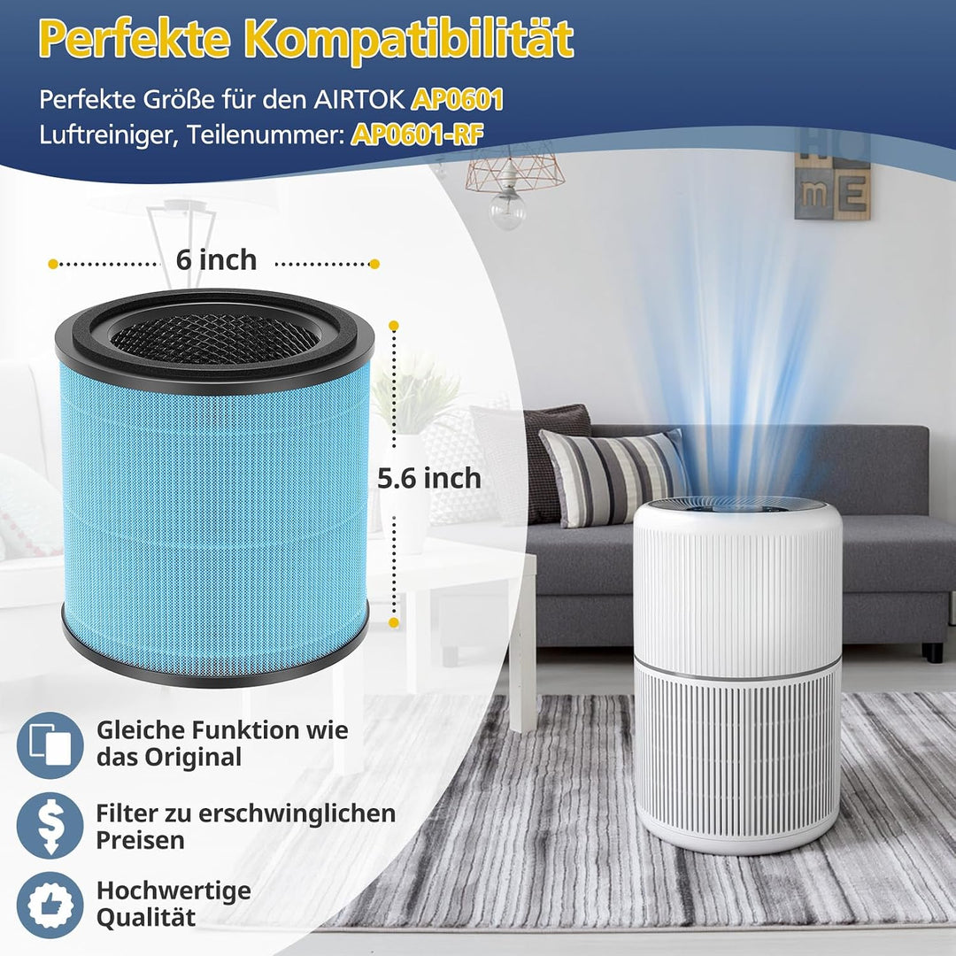 AP0601 Ersatzfilter für AIRTOK AP0601 Luftreiniger | 4-in-1 hocheffizienter Aktivkohle-Luftfilter Er