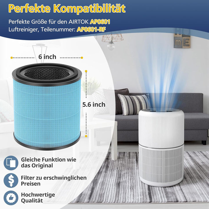 AP0601 Ersatzfilter für AIRTOK AP0601 Luftreiniger | 4-in-1 hocheffizienter Aktivkohle-Luftfilter Er