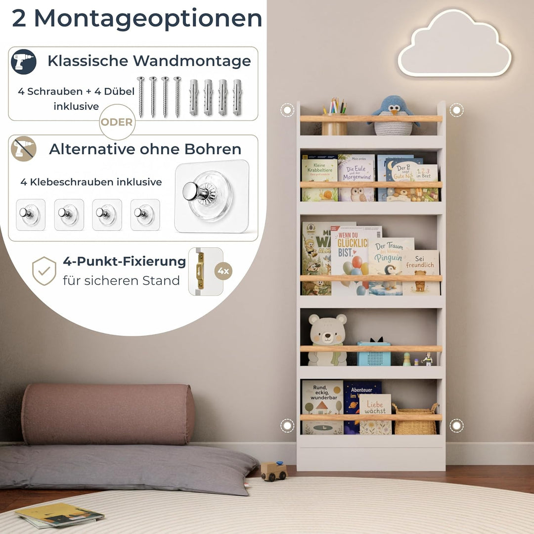 Bücherregal Kinder mit 5 Ablagen, Montessori Kinderbücherregal zur Wandmontage, Wandregal für Bücher
