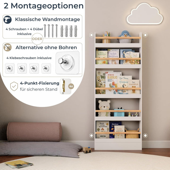 Bücherregal Kinder mit 5 Ablagen, Montessori Kinderbücherregal zur Wandmontage, Wandregal für Bücher