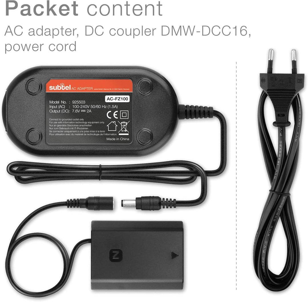 subtel® Netzteil AC-FZ100 für Sony Alpha 7 IV, 7C, 7S II, 7R III, Alpha 9, Alpha 6600 Kamera, Camcor