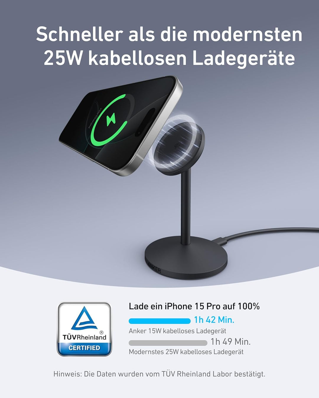 Anker MagGo kabellose Ladestation, 15W Qi2 für MagSafe, Ständer mit USB-C Kabel, Magnetisches Ladege
