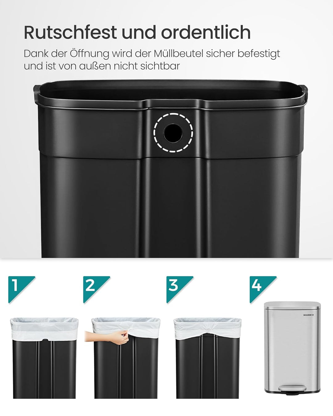 SONGMICS Mülleimer Küche, 50 Liter, Abfalleimer, Treteimer, mit Deckel, Softclose, Fusspedal, Stahl,