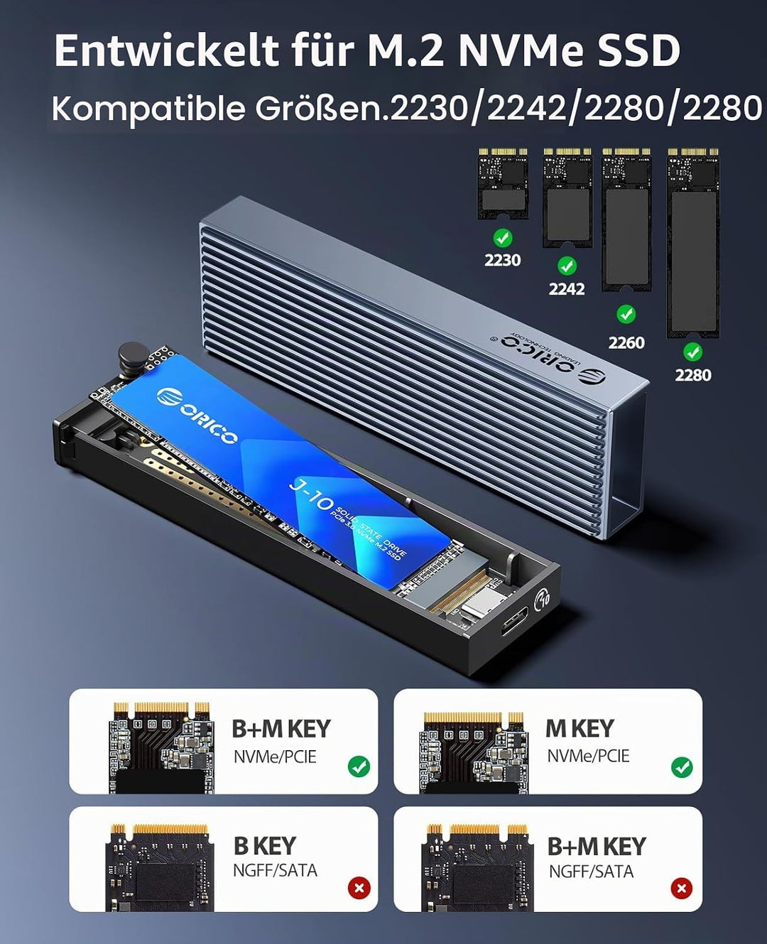 ORICO M.2 SSD Gehäuse [Werkzeuglos], NVMe Gehäuse USB 3.2 Gen2 10Gbps, M.2 SSD Gehäuse mit 2-in-1 Ka