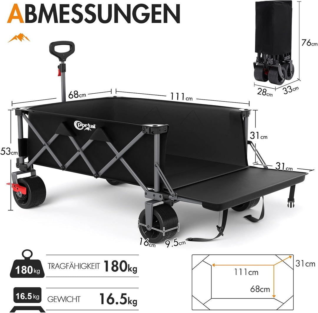 Portal Bollerwagen faltbar XXXL 600L Grosse Ladefläche 180kg Belastbar Ultrabreit Handwagen mit Seit