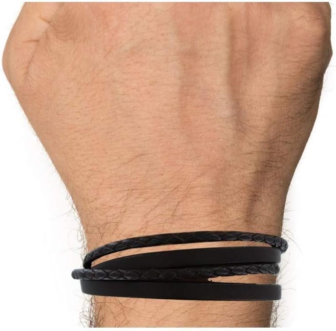 Les POULETTES BIJOUX - Herren Armband Zwei Streifen Leder Flach und Rund Geflochtene Edelstahl Schli