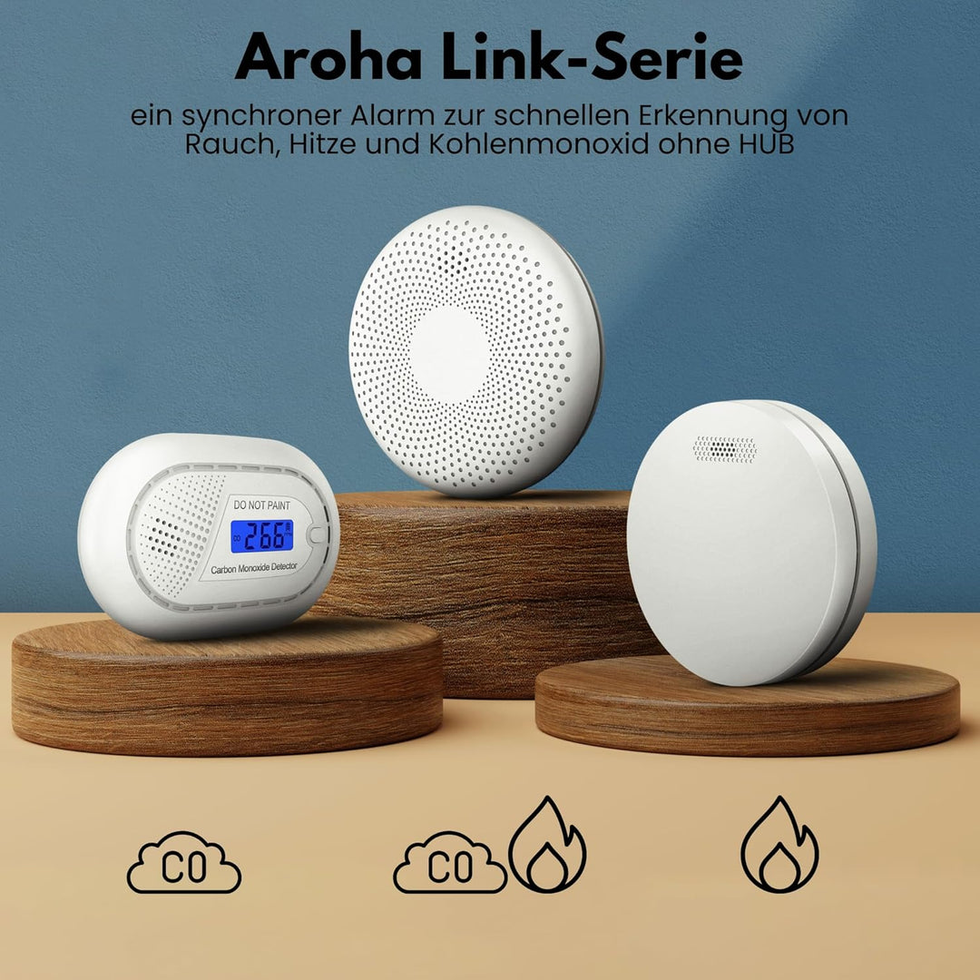 Aroha Link Kohlenmonoxid Melder Vernetzt - 10 Jahre Batterie - CO Melder, CO Gaswarner, CO Warner, K