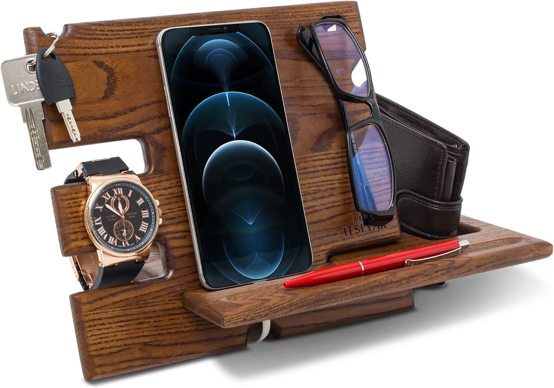 Holz Telefon Dockingstation Asche Baum Geldbörsenständer Schlüsselhalter & Uhren Organisator Herren