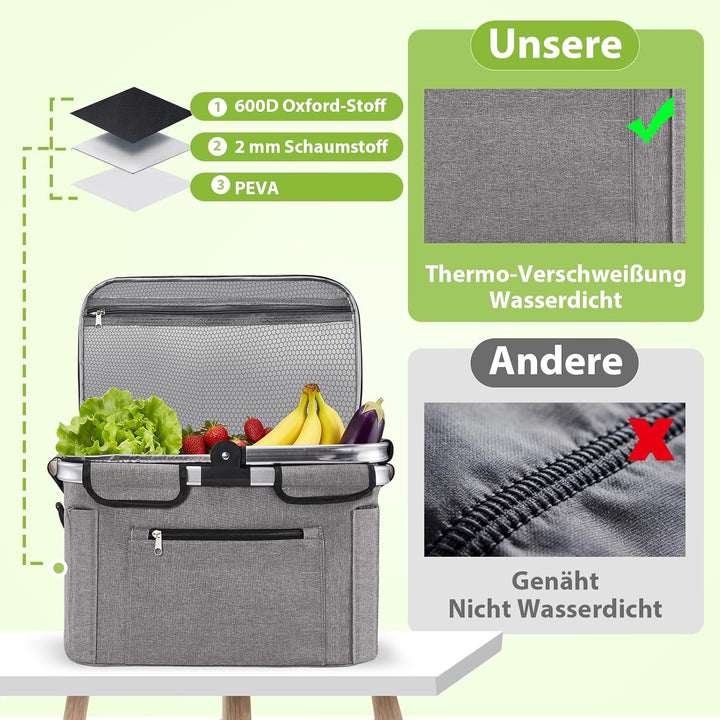 OUSFOT Einkaufskorb, 30L Picknickkorb Mutti Korb Faltbar Grau mit Deckel Perfekt für Shopping, Pickn